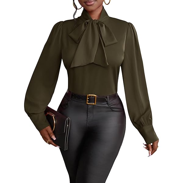 Women's Bow Tie Neck Shirts Casual Long Lantern Sleeve Tops