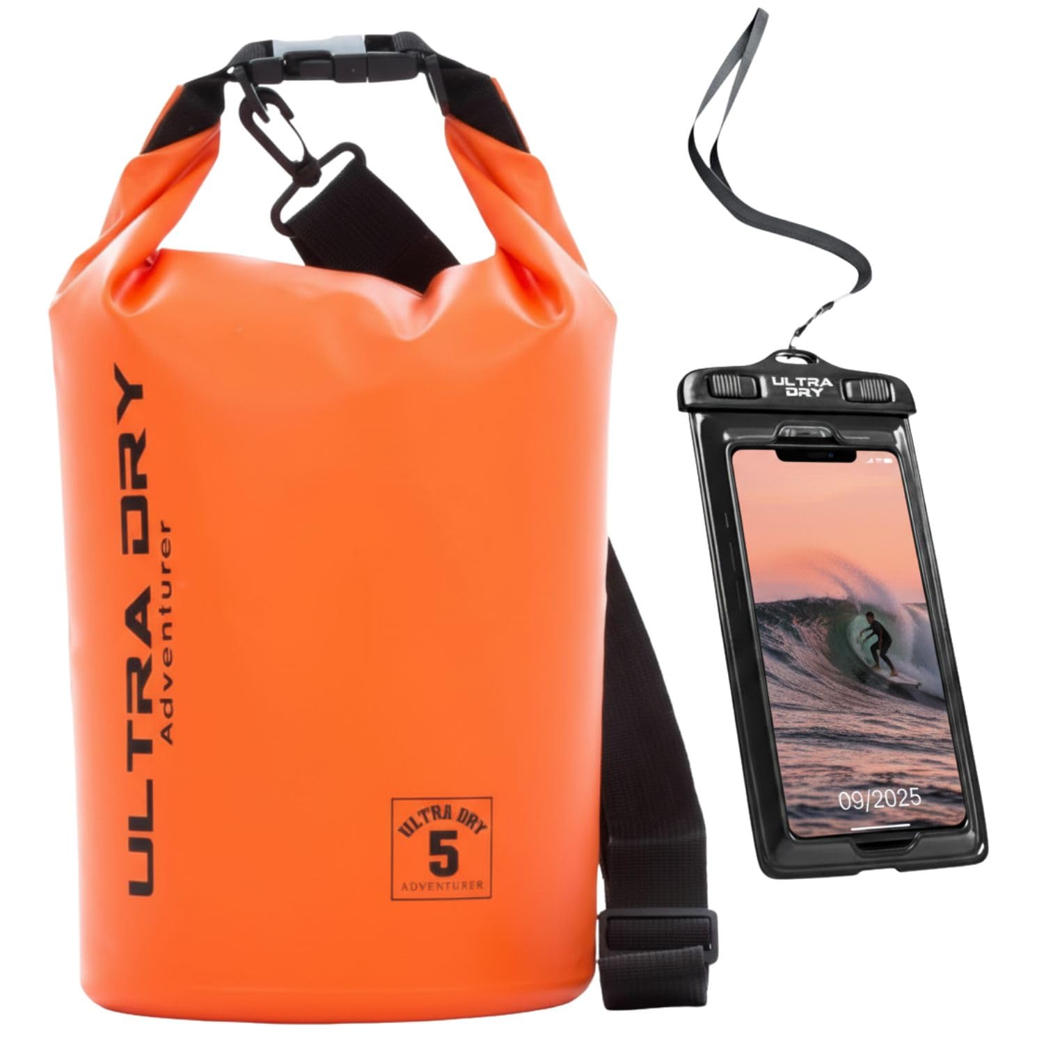 Premium Waterproof Bag, Sack with Phone Dry Bag and Long Adjustable Shoulder Strap Included, Perfect for Kayaking/Boating/Canoeing/Fishing/Rafting/Swimming/Camping/Snowboarding (Orange, 5 L)