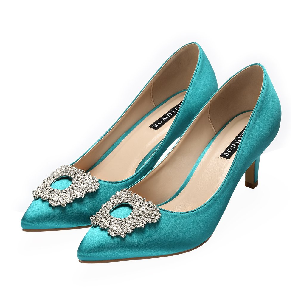 ERIJUNOR Women's Pumps Low Heel Rhinestone Brooch Satin Evening Dress Wedding Shoes - Image 3