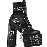 DETOGNI Women's Gothic Platform Lace-Up Ankle Boots | Silver buckles with dangling chain, side zipper. Thick platform heel, punk goth look for festival, party, streetwear.