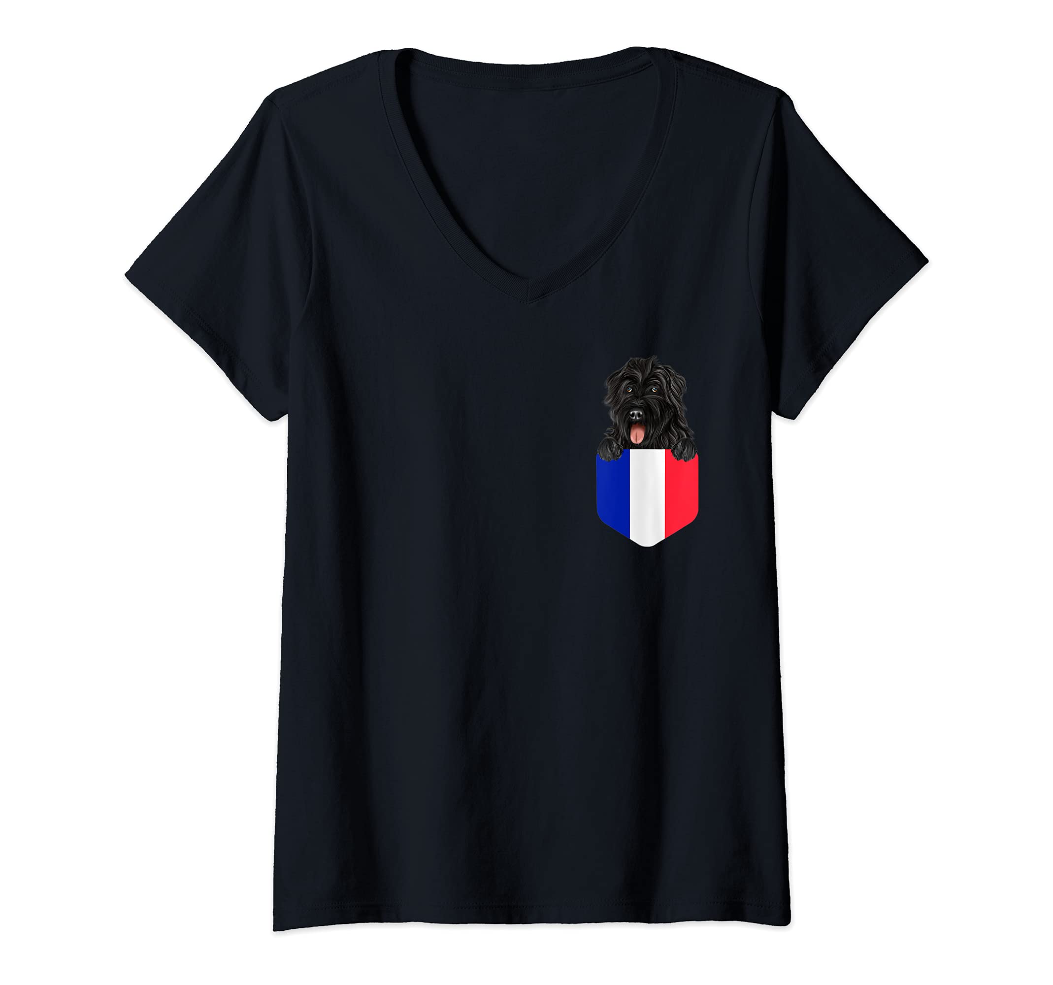 Womens France Flag Bouvier des Flandres Dog In Pocket V-Neck T-Shirt