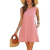 vinglam Women's Pure Linen 100% Crew Neck Sleeveless Mini Dress with Pockets