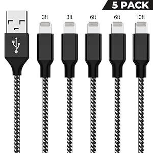 Lightning Cable Fast Charging Cable High Speed Data Transmission Cable with Aluminum Connector Compatible with iPhone Xs Max/XS/X/XR//8/7/6/5 iPad Mini/Pro/Air iPod 5 Pack