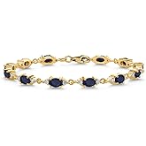 Gem Stone King 18K Yellow Gold Plated Silver Blue Sapphire and White Moissanite Tennis Bracelet For Women (7.57 Cttw, Gemstone Birthstone, Oval 6X4MM, 6.5, 7, 7.5 Inch)