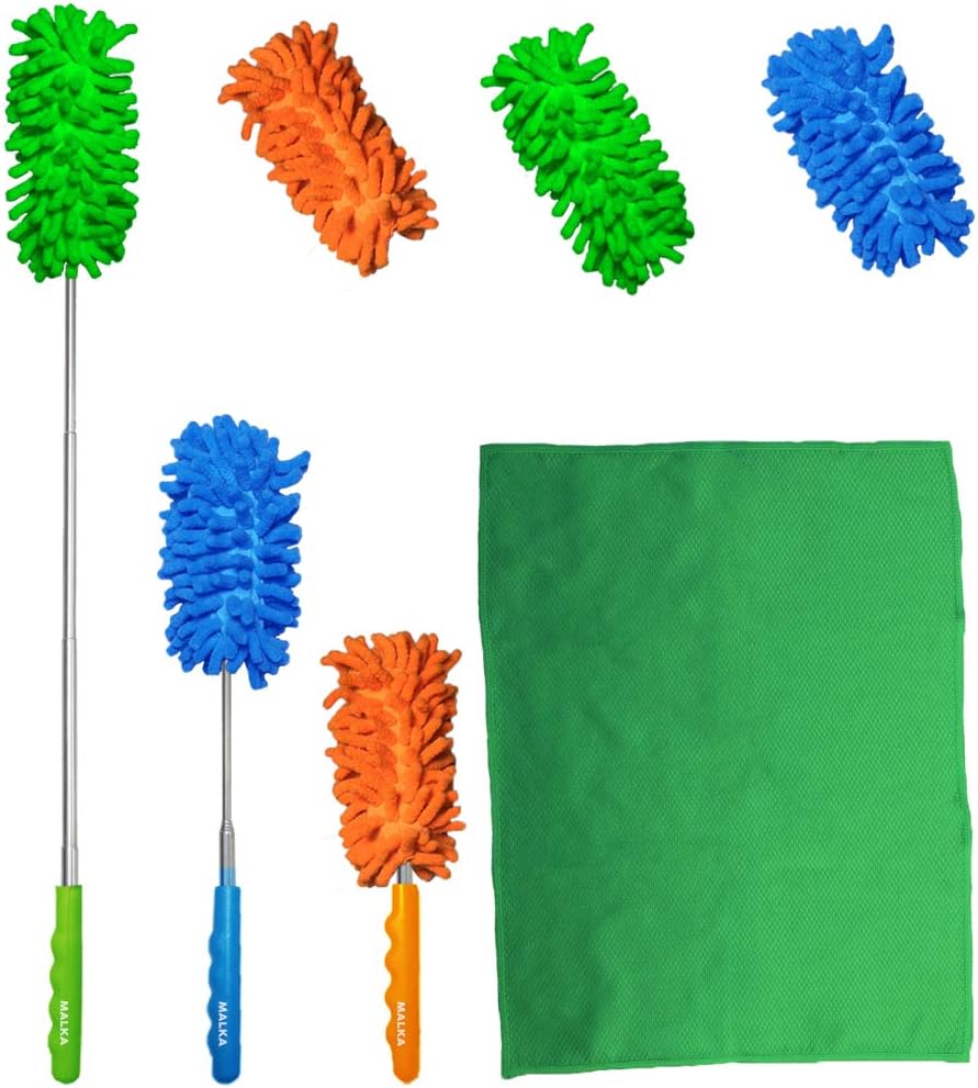 Malka Extendable Straight or Bendable Microfibre Duster Dusting Set With Extra Washable Duster Heads - Clean With Ease - Perfect for Home, Office & Car