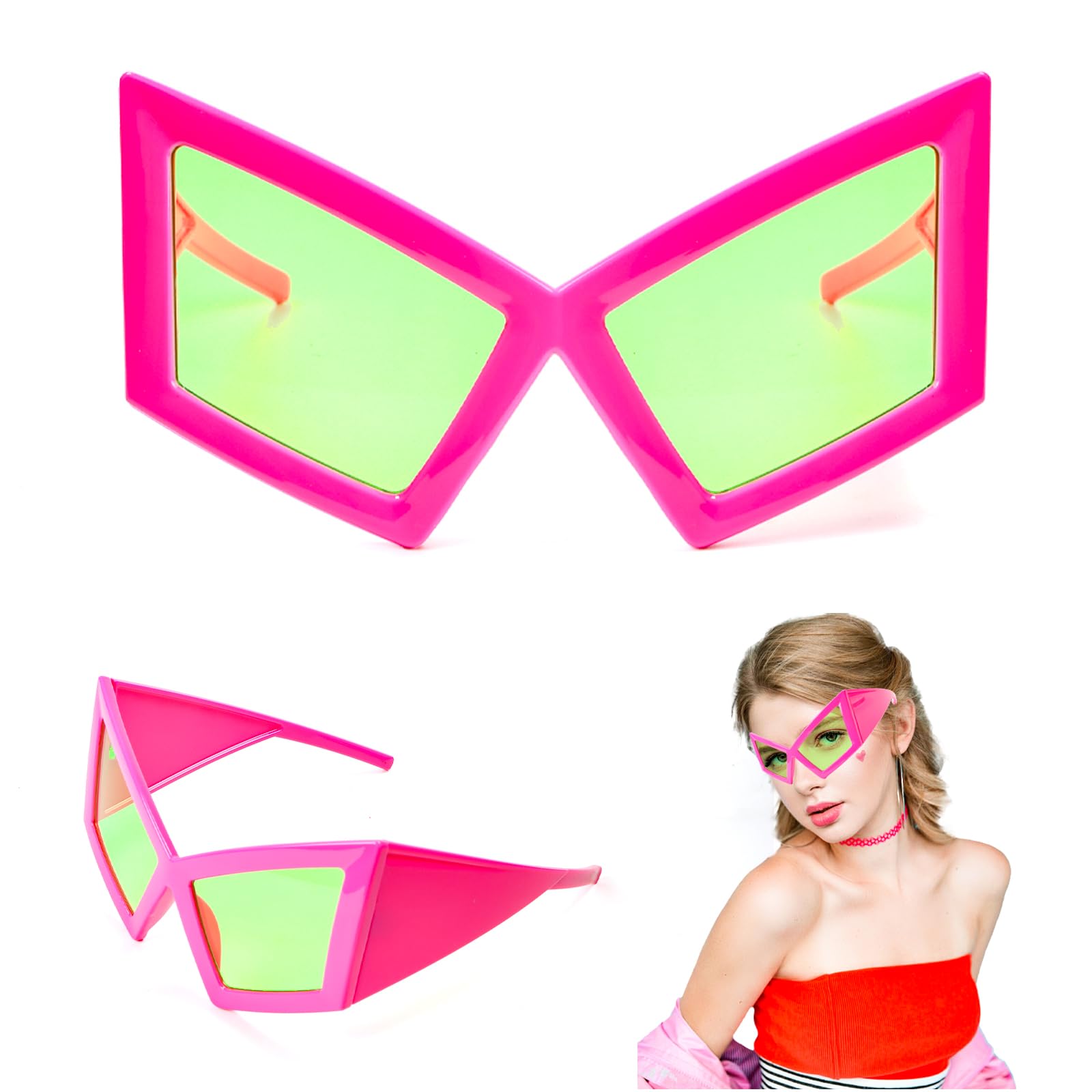 Yooyan Funny Sunglasses, Fashion Personalised, Pink Frame with Green Lenses, Glasses Shades with and Cat Eye Shape, Extravagant Large Frame Sunglasses for Carnival, Photo Props