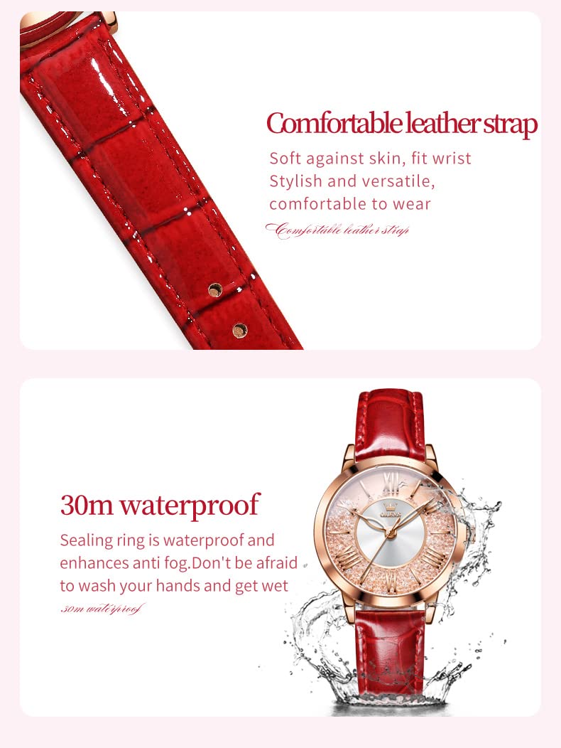 OLEVS Classic Leather Watches for Women, Business Dress Rhinestone Roman Numerals Ladies Watches, Waterproof Analog Quartz Womens Wrist Watches, Relojes para Mujer Pink, Red, White Leather Strap