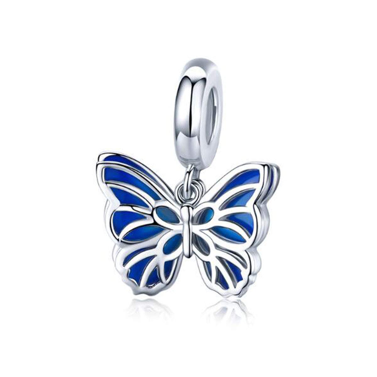 Butterfly Charm Beads Original 925 Sterling Silver Enamel Flower Charm Animal Charms for Bracelets Charm Bracelet Beads (Blue Butterfly Pendant)