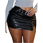 WDIRARA Women's PU Leather Bodycon Mini Skirts Buckle Belted Split Hem Skirts