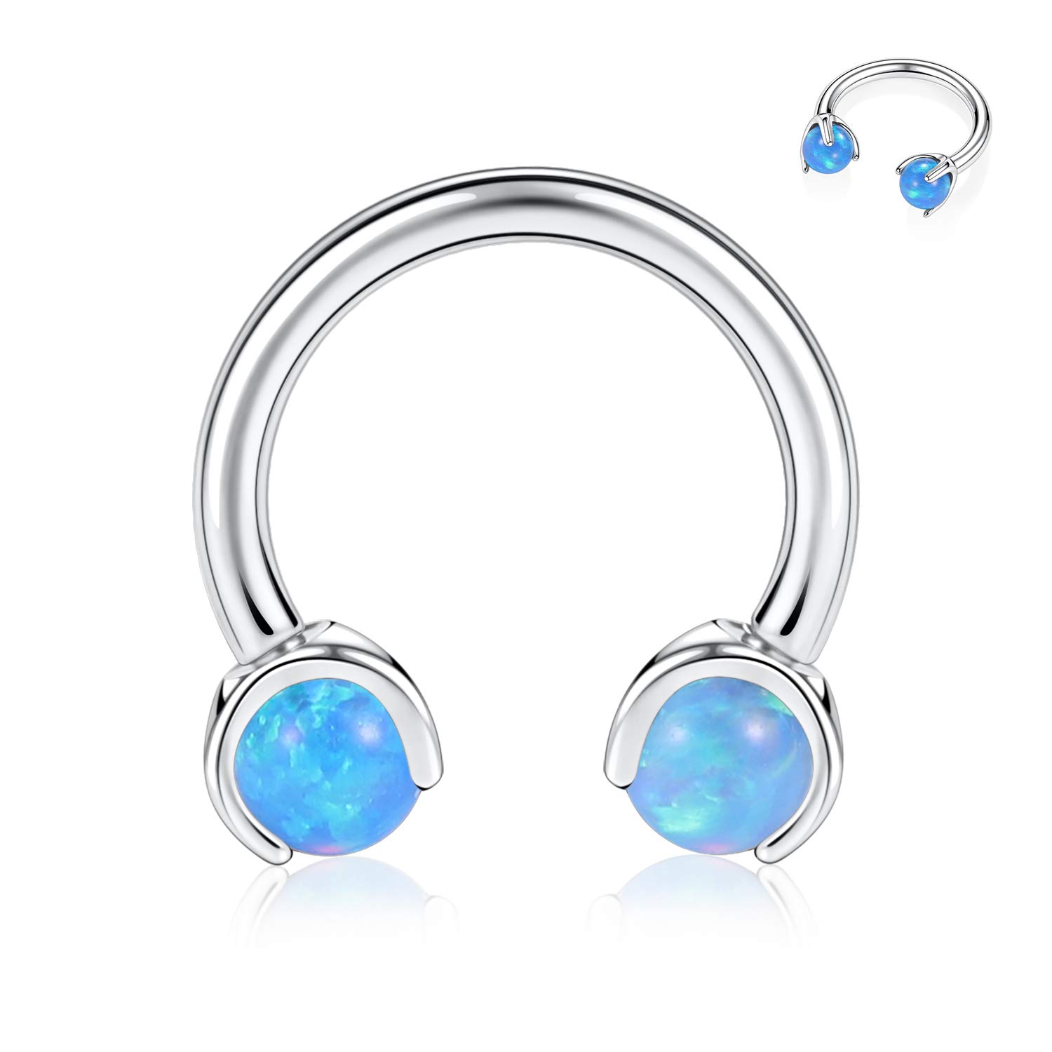 16G G23 Titanium Horseshoe Septum Ring 8mm Internally Threaded Nose Rings Hoop Fixed with Claws Blue Opal Barbells 3mm Silver Helix Daith Cartilage Tragus Earrings Eyebrow Body Piercing Jewellery