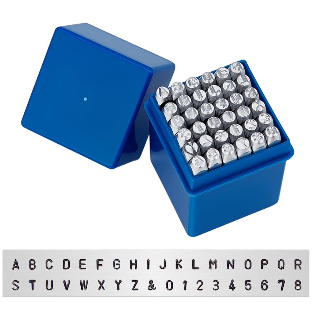 BENECREAT 36PCS 4mm Letter and Number Metal Stamp Set Matte Carbon Steel Punch Stamp with A-Z, 0-8, Ampersand for Imprinting Marking on Metal Wood