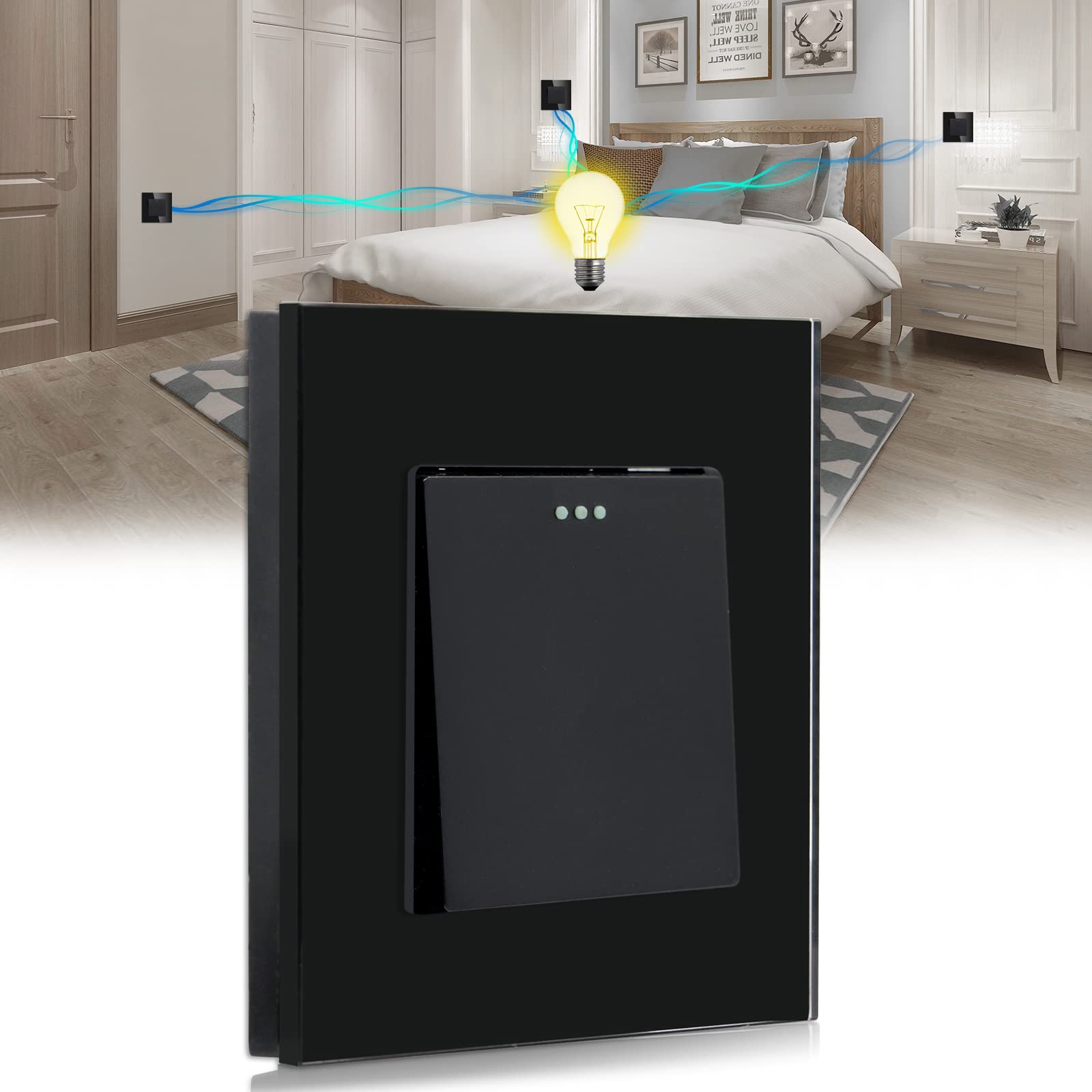 BSEED Light Switch 1 Gang 3 Way Wall Intermediate Switch,Screwless 10A Rocker Tactile Glass Light Switches Black Crystal Toggle Switch