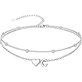 SILVERCUTE Silver Anklets for Women, Waterproof Initial Heart Ankle Bracelets Sterling Silver, Adjustable Layered Foot Jewelry Summer Beach Fashion with Personalized Name Design, Gift Package