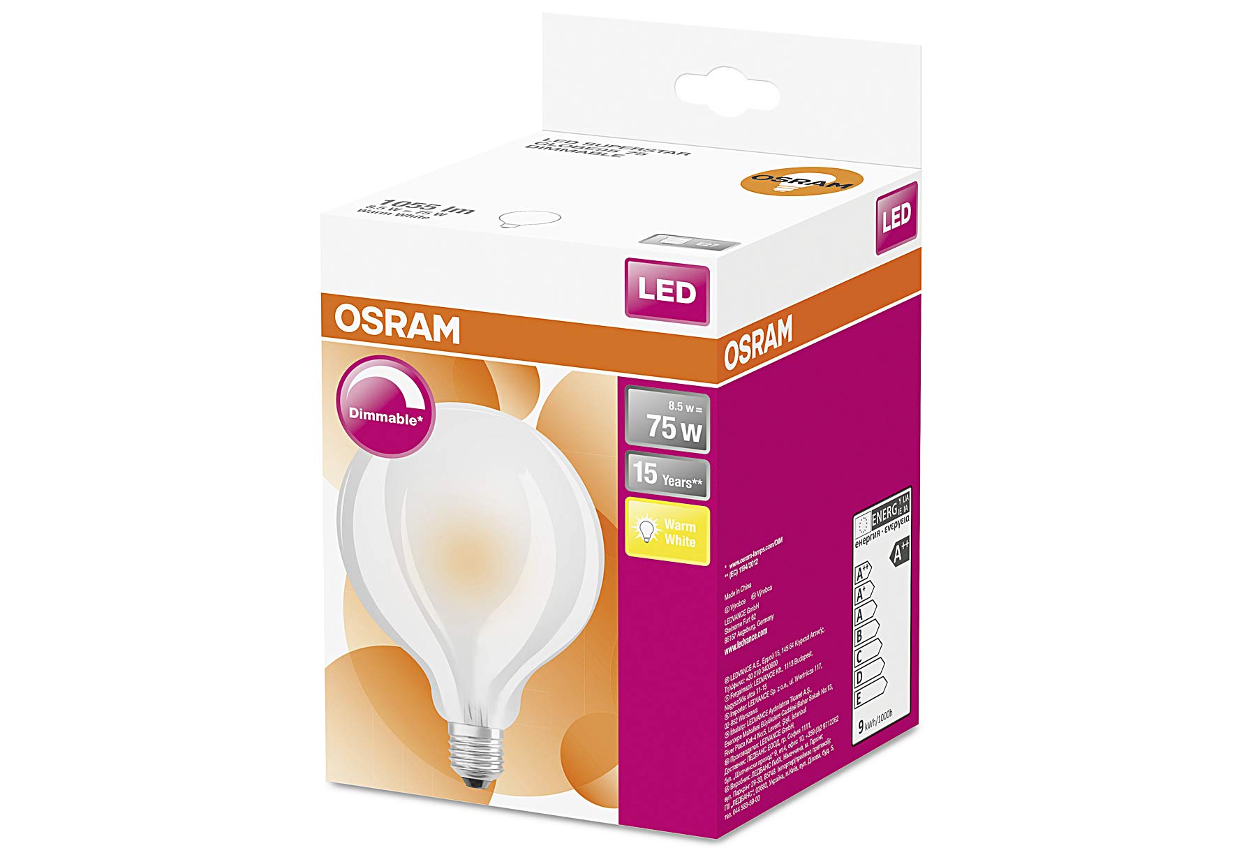 Osram LED Light Bulb | E27 | Warm White | 2700 K | 8.5 W LED Star Classic Globe Dimmable Replacement for 75 Watt Light Bulb