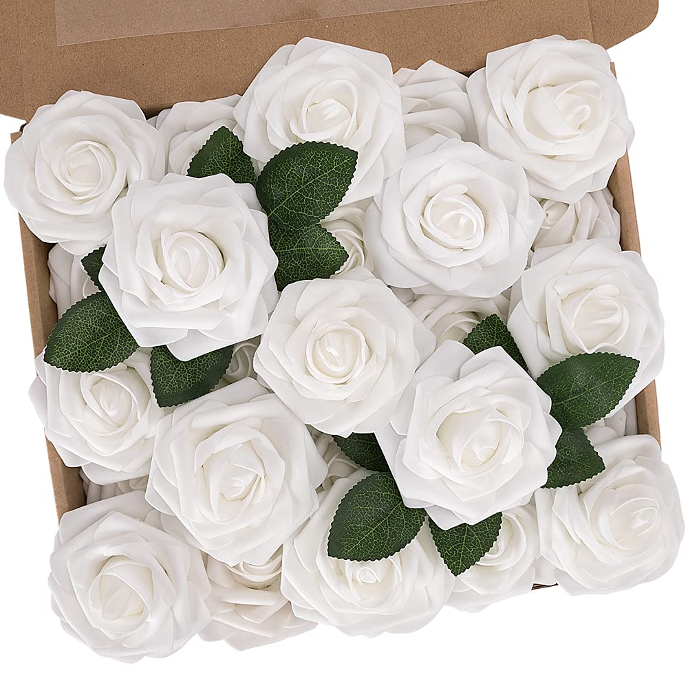 N&T NIETING White Artificial Flowers, 25pcs Fake Rose Foam Flowers for DIY Wedding Bridesmaid Bridal Bouquets Centerpieces Party Home Decoration