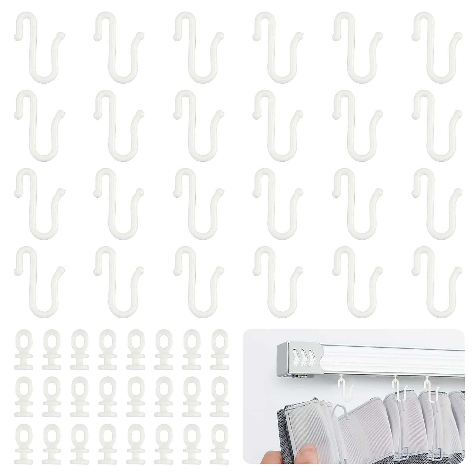 24 Pairs Flexible Curtain Tracks Set - Shower Curtain Hooks for Glider Rail Track - Double Sided - Quiet Plastic Roller Hanging Rail for Bathroom