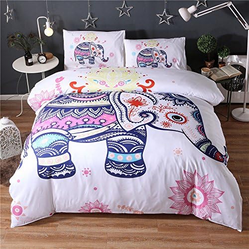 Duvet Cover Set 3 Piece Bohemian Elephant Printed Bedding Set 1 Duvet Cover 2 Pillowcases (White, Twin)
