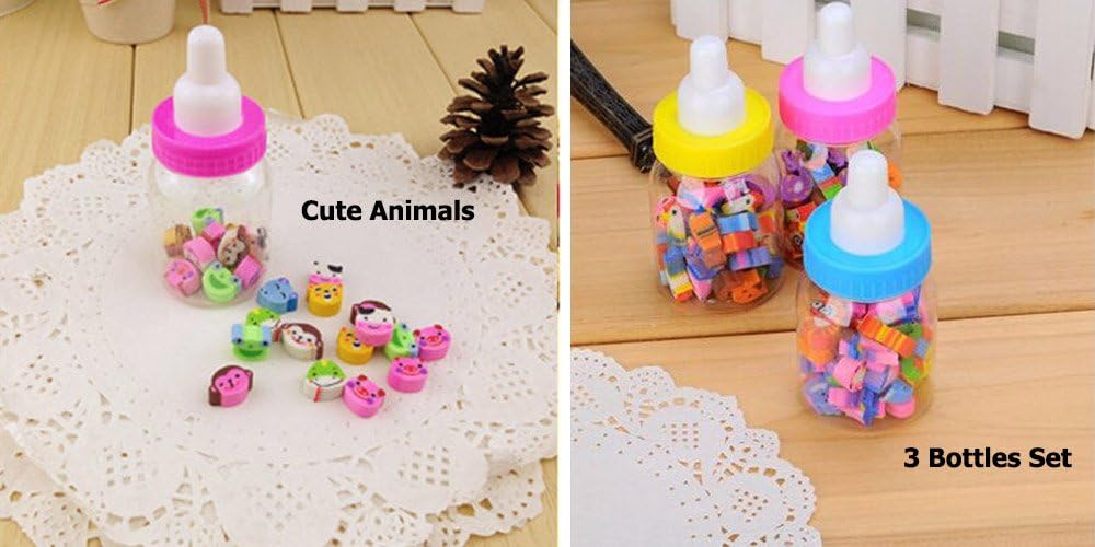 Ametsus - Milk Bottle Mini Erasers, Novelty Erasers Random For School, Children Fun Prizes, Party Favors, Bag Fillers, Kid’s Toy Gift etc. (Pack of 3) (Cute Animals)