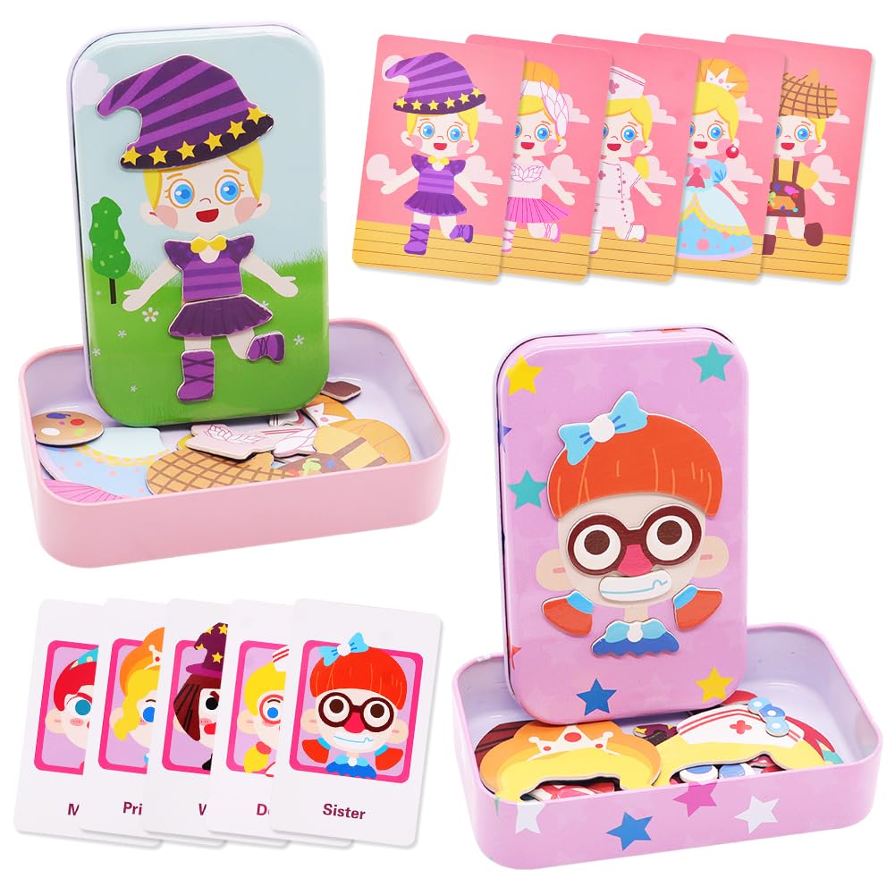 Magnetic Puzzle for Toddlers, 2 PCS Puzzles Portable Travel Toys for Kids Magnetic Dress Up Game Toddler Preschool Learning Toy lane Car Activities Educational Learning Toy Birthday Gifts for Girls