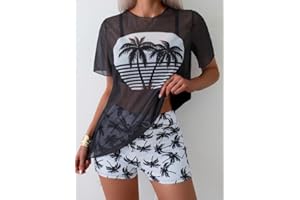 Women Plus Size Tankini Swimsuit with Mesh Top, Palm Tree Print Boyshort Two Piece Bathing Suit