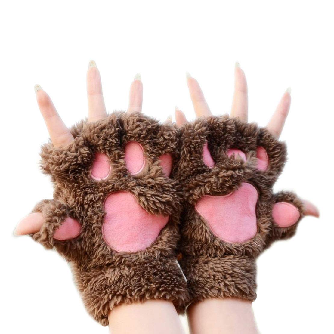 IBLUELOVER Women's Cat Paw Winter Gloves - Plush Warm Cosplay Gloves Half Finger Cute Bear Claw Thermal Mittens for Halloween Party Fancy Dress (Khaki)