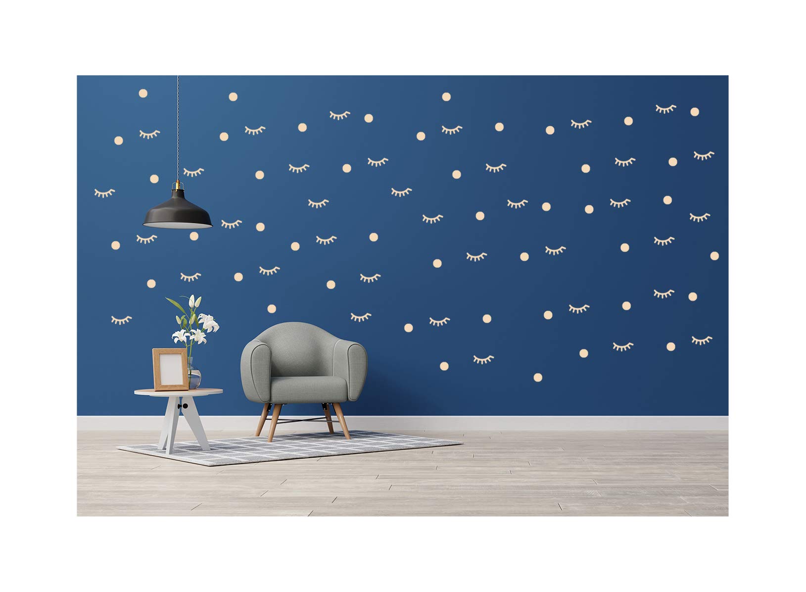 StickerDeen | Eyelashes + Circle Dots Decoration Removable Wall Art Vinyl Decal Stickers | (Pack of 150) (Cream)