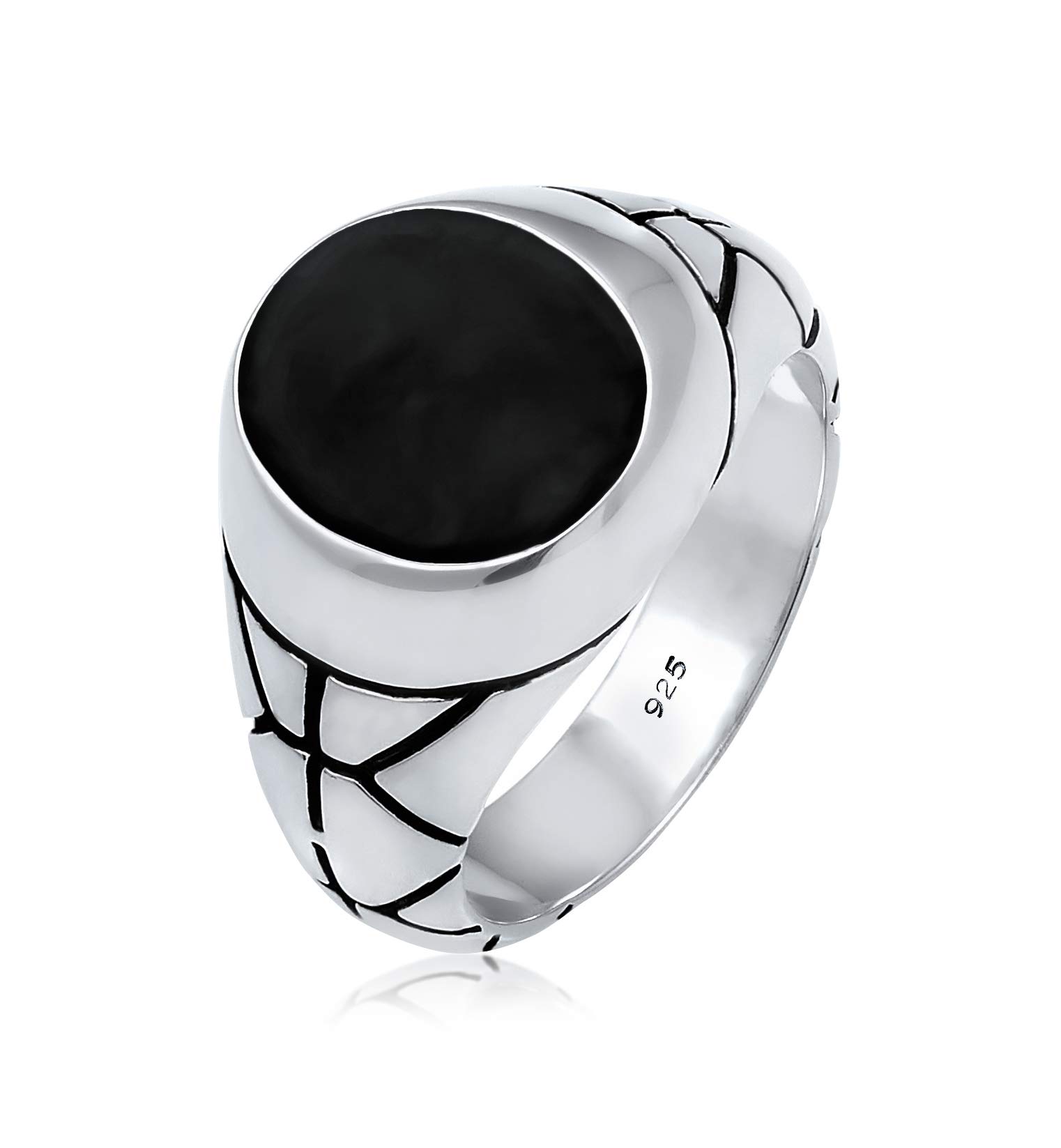 Kuzzoi 0610990119 Men's Signet Ring Oval Black Enamel Solid 13 mm Wide in 925 Sterling Silver Ring Decorated Black Oxidised Ring for Men in Ring Size 60 - 66, Sterling Silver