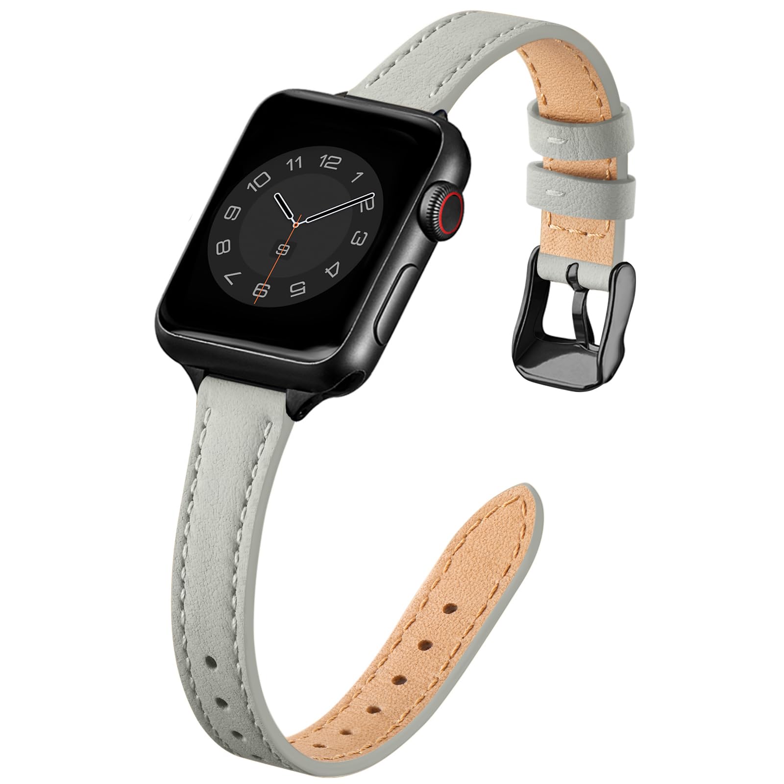SUNFWR Compatible with Apple Watch Strap 38mm 40mm 41mm,Genuine Leather Strap Replacement,Slim&Thin Wristband for iwatch Series 7/6/5/4/3/2/1,SE(38mm 40mm 41mm,Gray&Black)