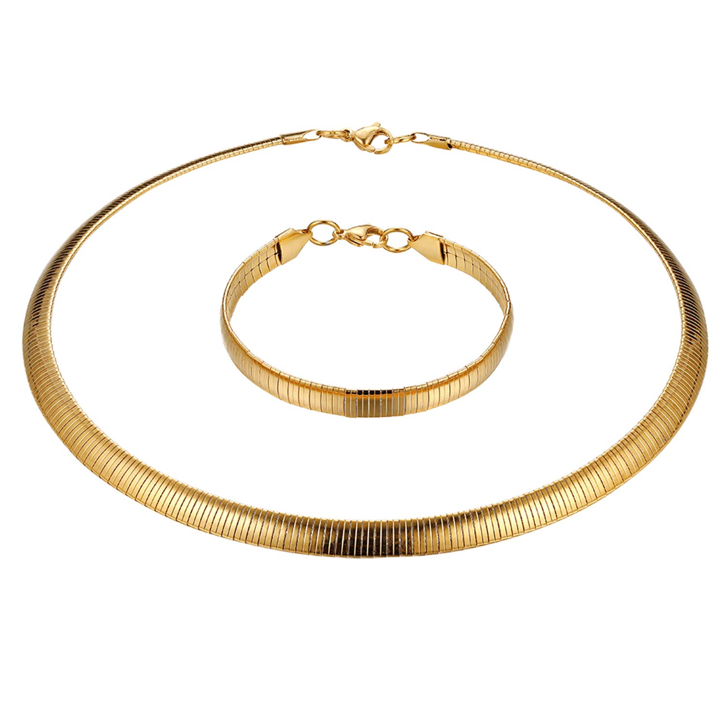Cupimatch Stainless Steel Omega Chain 8mm 18 inch Necklace 7.3 inch Bracelet Jewelry Set for Women Girl,Gold