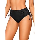 Zmart Women Full Coverage Bikini Bottom Adjustable Side Tie Swim Bottom with Side Ruched Mid Rise Bathing Swimsuit