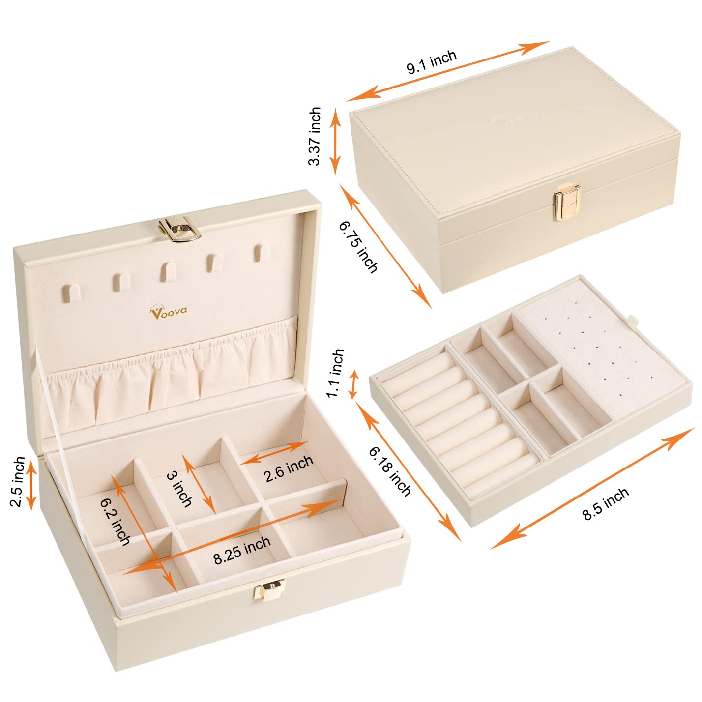 Voova Jewelry Box Organizer for Women Girls, 2 Layer Large Men Jewelry Storage Case, PU Leather Display Jewellery Holder with Removable Tray for Necklace Earrings Rings Bracelets, Vintage Gift,Apricot