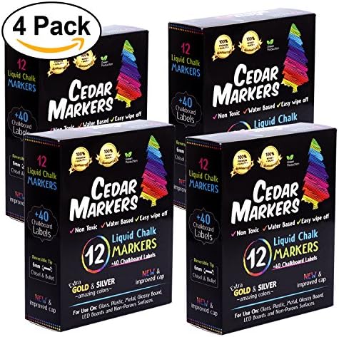 Cedar Markers Liquid Chalk Markers - 12 Pack With Free 40 Chalkboard Labels - Neon Color Pens Including Gold And Silver Ink. Reversible Bullet And Chisel Tip And A New Revolutionary Cap. (4 Pack)