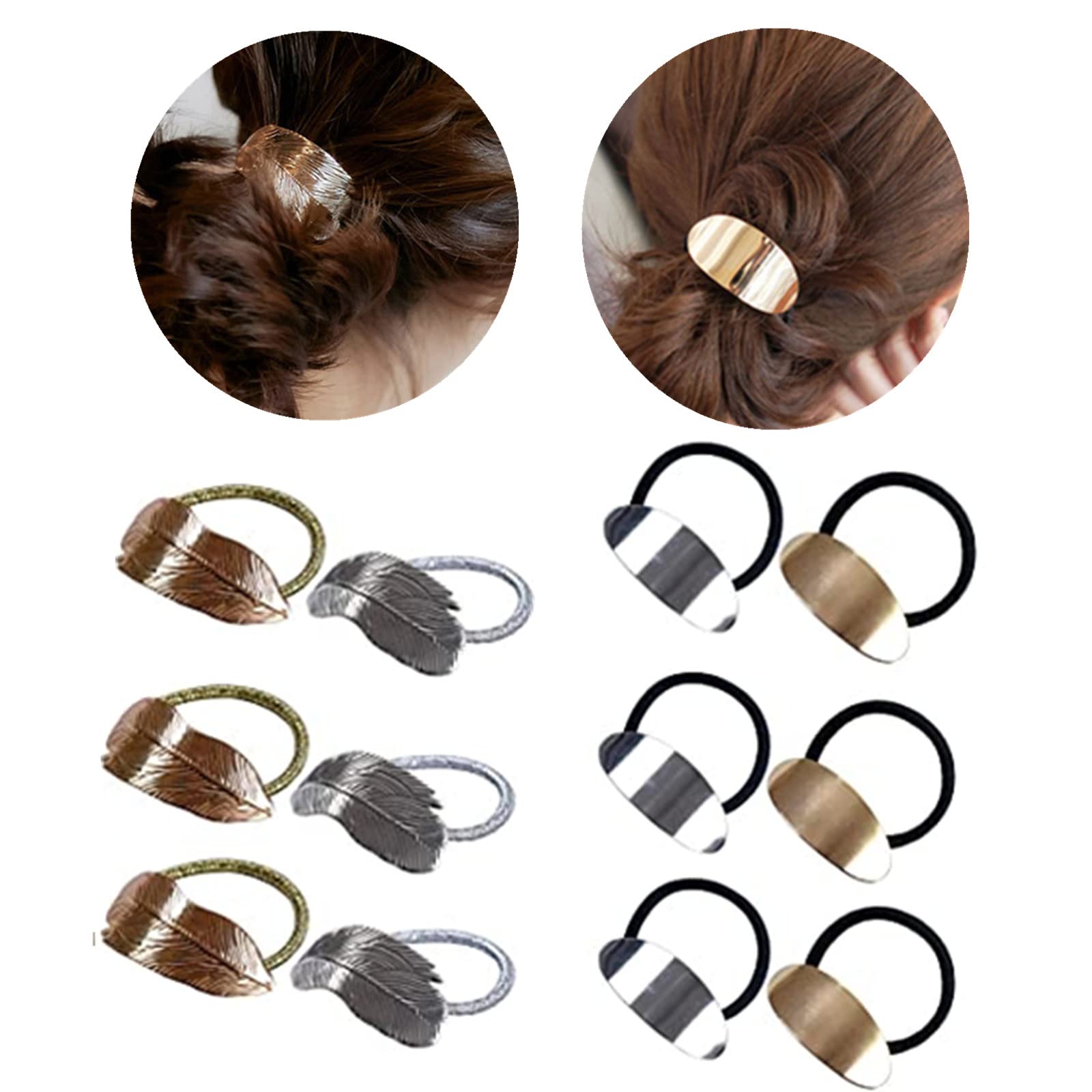 XHBTS 12 Pack Metal Leaf Hair Band Rope Elastic Hair Ties Hair Cuff Wrap Ponytail Holder -2 Styles Gold and Silver