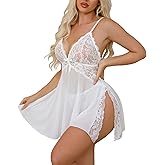 Crexomi Women Sexy Side Slits Lace-trimmed Lingerie Babydoll Dress Chemise Sleepwear Mesh Sheer Nightgown with Thong