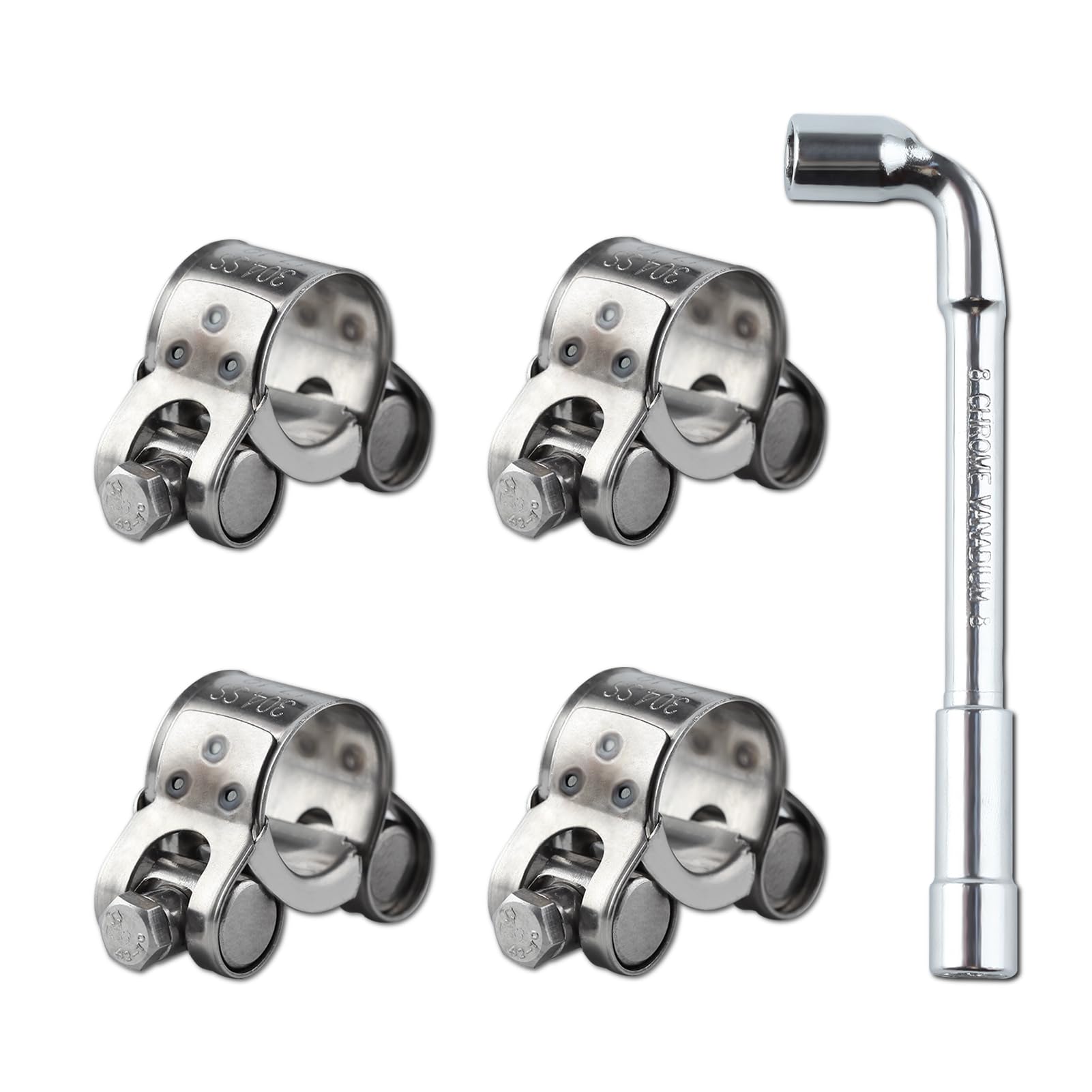 LEONTOOL 17-19mm 304 Stainless Steel T-Bolt Hose Clamps, Heavy Duty Adjustable Pipe Clamps with Wrench, Turbo Pipe Clamps High Pressure Hose Clamps for Automotive Intercooler Radiator Heater, 4 Pack