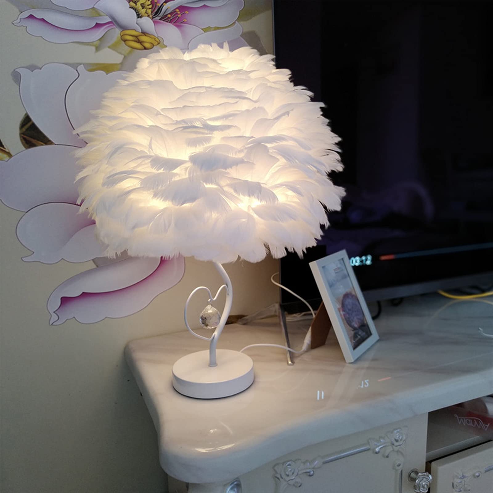 Desk Lamps Feather Table Lamp Crystal Heart Shape Modern Romantic Bedroom Bedside Lamp for Bederoom Children Room, White