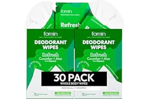 FOMIN Travel Deodorant Wipes - 30 Count - Cucumber and Aloe pH Balanced, Hypoallergenic Mini Deodorant Wipes For Women and Men - Plastic-Free, Individually Wrapped Underarm & Body Wipes