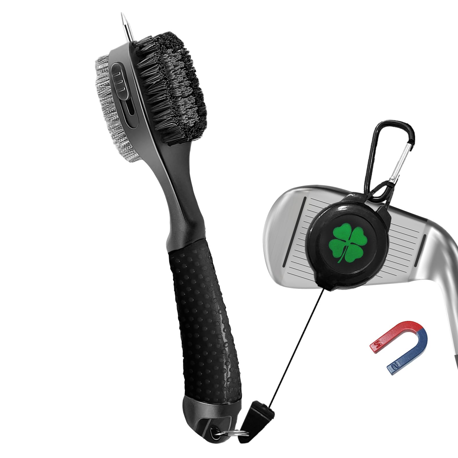 FINGER TEN Golf Club Cleaner Brush Oversized Brush Head Double Sided Brush with Spike for Cleaning Club Groove Retractable Zip-Line Clip Easy to Use (Dark-With Magnetic Clip)