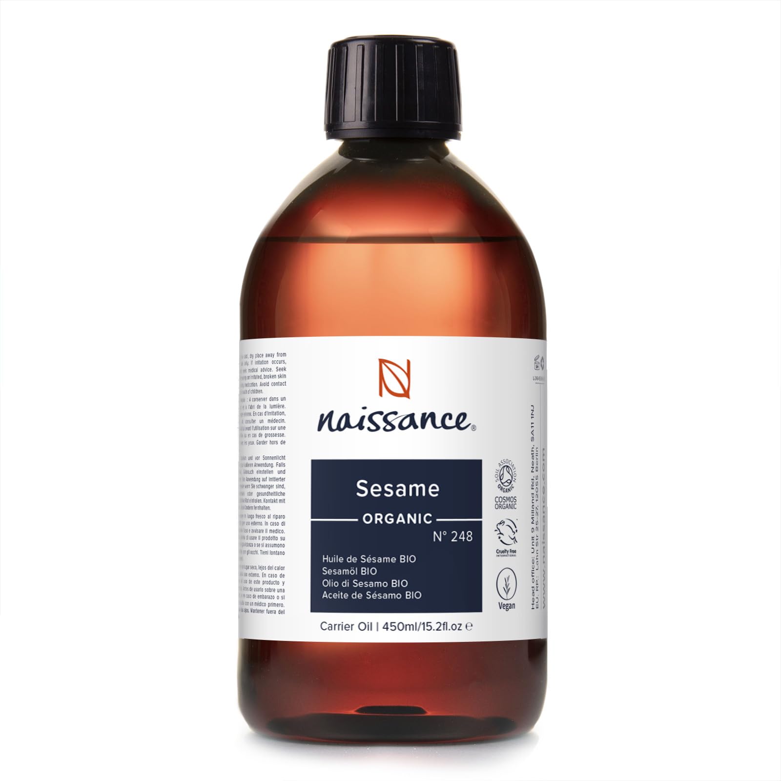 Naissance Organic Sesame Seed Oil (o. 248) - 450 ml - 100% Natural, Certified Organic - For Skin, Hair, Nails, Body Care, Beauty Cosmetics, Massage - Vegan & Cruelty Free