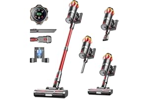MOHOMO Cordless Vacuum Cleaner, 600W 50KPa 70Mins Vacuum Cleaners for Home, Self-Standing Stick Vacuum with Anti-Tangle Brush & OLED Touch Screen, Vacuum Cleaner for Hardwood Floors,Carpet,Pet Hair,Car (Red)