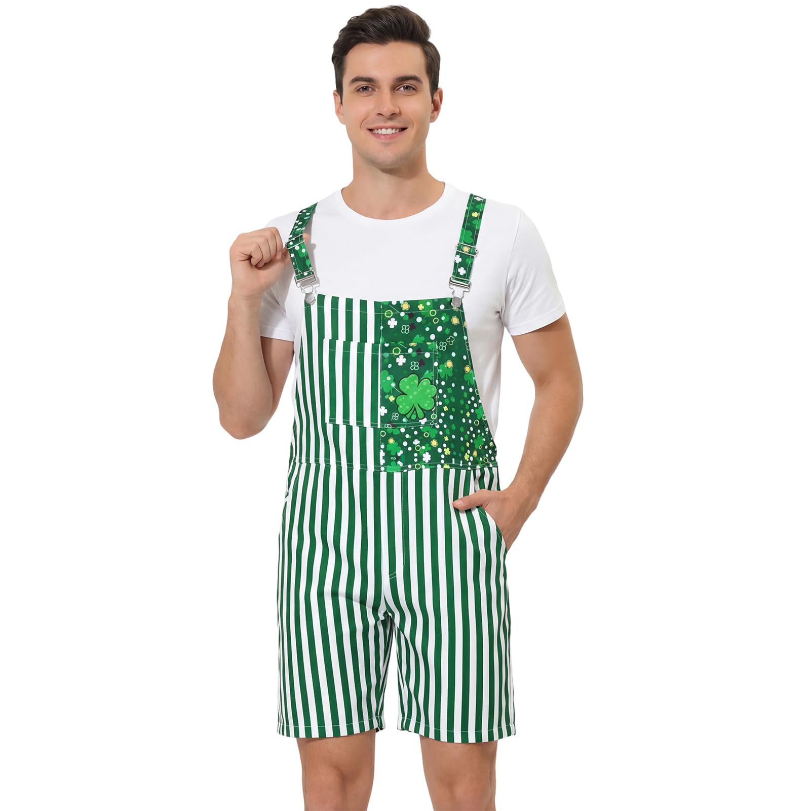 Crittygo St. Patrick's Day Costume Men Women, Adjustable Straps Jumpsuit with Pockets, St Patrick's Day Shamrock Dungarees for Irish Days Festival Outfits