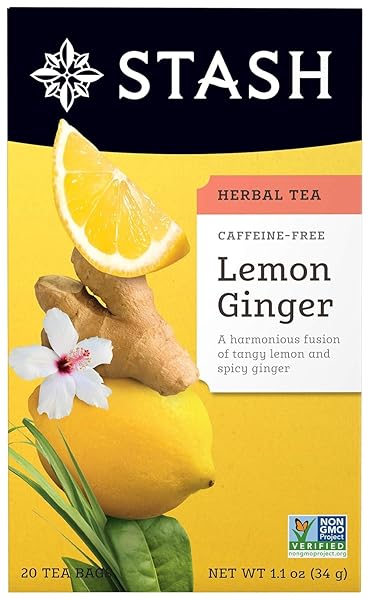 STASH TEA LEMON GINGER HERBAL TEA, BOX OF 20 TEA BAGS