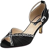 ERIJUNOR Women Comfort Low Heel Ankle Strap Rhinestones Pleat Satin Wedding Evening Dress Dance Shoes