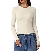 QINSEN Long Sleeve Shirts for Women Crewneck Rib Knit Slim Fit Going Out Tops Casual Basic Tee