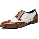 HuitJours Men Oxford Dress Shoes Multicolor Brogues Wing Tips Lace Up Patchwork Two Tone Color Matching Punched Round Toe