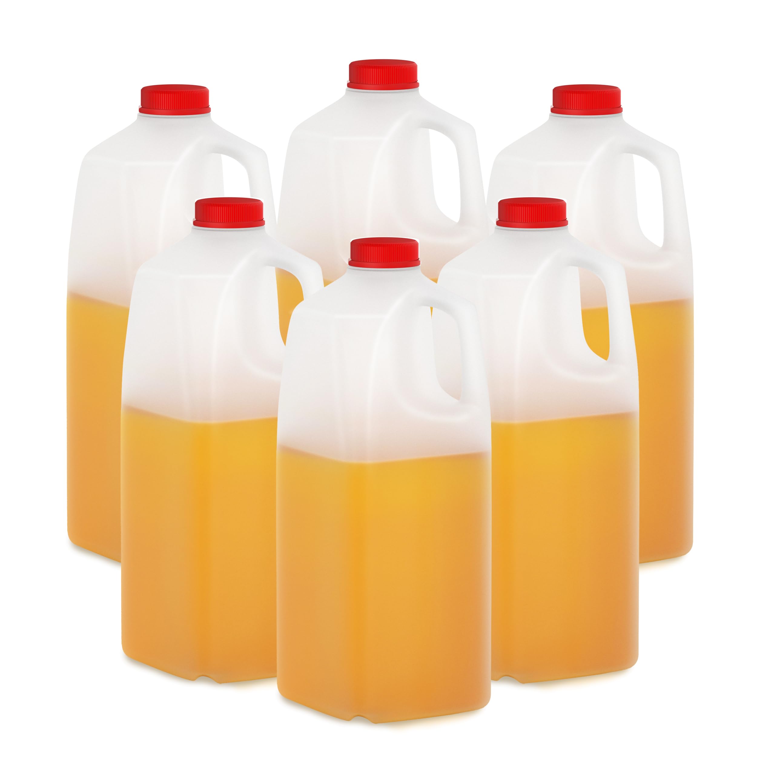Photo 1 of KitchenDine Plastic Milk Bottles, 64 Oz HDPE Material, Juice Bottles with Red Tamper-Evident Caps, Set of 6, Clear bottle with Red cover (6)