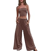 Panadila Womens Summer Lounge Sets 2 Piece Outfits Tube Top and Wide Leg Pants Matching Set Beach Vacation Clothes