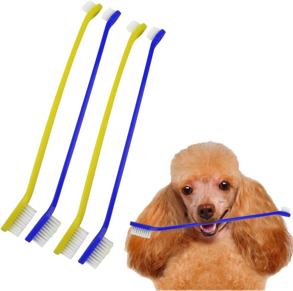 Pet Toothbrush | 4 pcs Gentle Dual Headed Cleaner Tough Dental Care Hygiene Pet Grooming Soft Bristle Toothbrush Cat Dog Puppy Big Small Teeth | Blue Yellow | 995