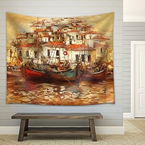 Boats on The Island Harbor,Handmade Oil Painting on Canvas - Fabric Wall Tapestry Home Decor - 51x60 inches