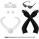 DXGSHSA 6 Pieces Halloween 1920s Accessories for Women, Halloween Costume at Breakfast, Vintage Necklace Earrings Tiara Hairpiece Black Opera Gloves, Flapper Party Cosplay Jewlery Set
